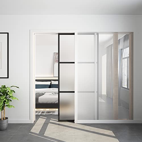 Jubest Pocket Door Set,Frosted Glass Sliding Door,Pocket Door Frame Kits With Door Panel And Galvanized Steel Studs,Suitable For Living Room, Study Room, Bedroom, Bathroom,Black #TOP1