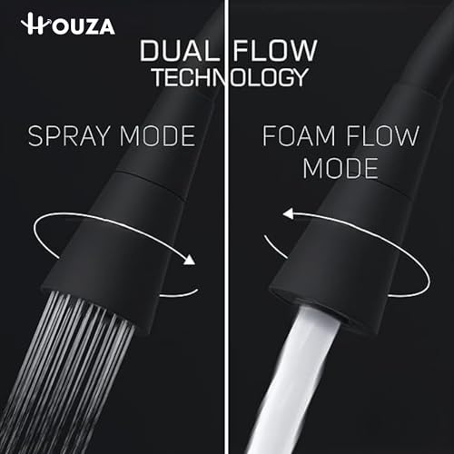 Image of HOUZA Brass Kitchen Sink Tap Faucet with Pull Down Sprayer | Kitchen Tap with 360 Degree Flexible Silicon Swivel Spout | Water Saving Aerated Dual Flow Kitchen Faucet for Sink (Chrome Finish, Black)