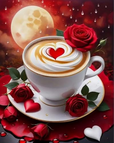 Diamond Painting café et fleurs rouges 40x50cm anti-stress pour déco murale