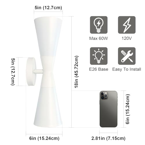 Image of Modern Indoor Wall Sconce, Light Up and Down White Wall Sconce, Mid Century Indoor Wall Light Fixture, Hardwired Wall Mounted Lamp for Living Room, Bathroom, Bedroom, Hallway, 18 Inch