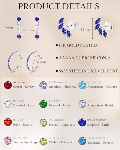 BESTEEL 925 Sterling Silver Birthstone Earrings Set for Women Small Hoop Earring Sets for Multiple Piercing Hypoallergenic Dainty Huggie Earrings Hoop Stud Earring Stacks for Birthday Jewelry3