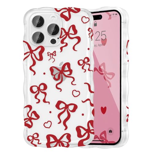 UEEBAI Cute Bow Case for iPhone 13 Pro, Wavy Ribbon Bow Case Pretty Aesthetic Case Cute Curly Clear Case Stylish Soft Bow Phone Case Pretty Clear Wavy Case for Women Girl - Wine Red