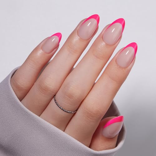 VSALON Almond Short Press on Nails, Hot Pink Glossy French Tip Reusable False Nails, 32 pcs Opaque Fake Nails Kit in 16 Sizes with Nail Adhesive Tabs & Cuticle Oil