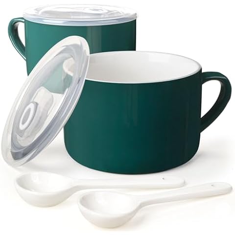 Wareland Soup Bowls with Handles & Spoons, 30oz Ceramic Ramen Bowl with Lid, Large Soup Mugs/Cups for Instant Noodle, Big Cereal Bowls for Oatmeal, Soup Containers with Lids, Set of 2, Dark Green Cover