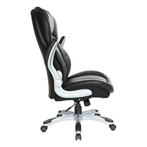 Office Star Ech Series Deluxe Executive High Back Bonded Leather Chair With Built-In Lumbar Support And Padded Flip Arms, Black With Silver Nylon Base #TOP2