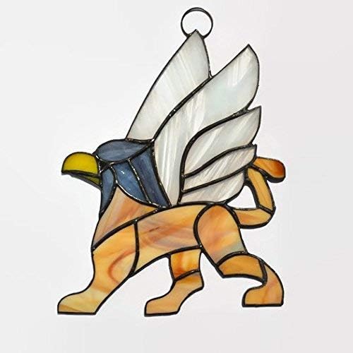 Gryphon Stained Glass Suncatcher Window Hanging or Wall Decor, Unique Gargoyle Decoration Home Office Dorm, Handcrafted Mythical Creature Griffin Ornament, Decorative Mystic Animal Griffon Art Panel