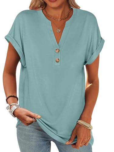 Image of ANRABESS Womens Short Sleeve Henley Tops V Neck Dressy Casual Blouses Summer Trendy Tee Shirts 2026 Vacation Fashion Clothes