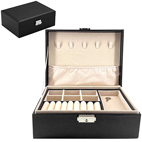 Sugamm Boîte à Bijoux Organisateur Boîte de Voyage à Bijoux Double Couche Plateau Amovible Présentoir pour Colliers Boucles d'Oreilles Bagues Organisateur Présentoir Étui de Rangement avec Serrure Cover
