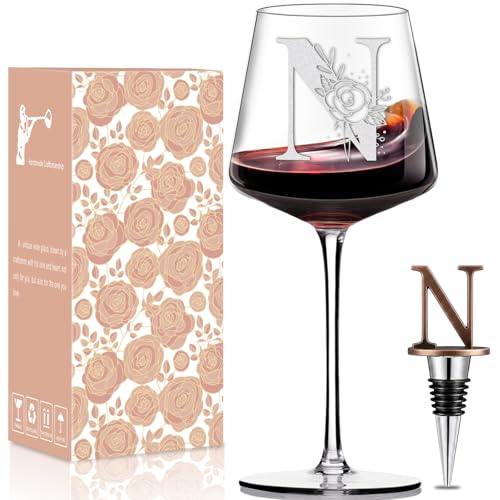 Physkoa Personalized Wine Glass – Custom Initial Monogram Gift for Women, Perfect Birthday & Mother’s Day Gift for Mom, Wife, Sister, Best Friend, Etched Dishwasher Safe (Letter N)