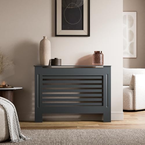 Radiant Living Radiator Cover Horizontal Slat Design, Modern Anthracite Grey MDF Radiator Cabinet for Living Room & Bedroom, Medium 112 x 81.5 x 19cm