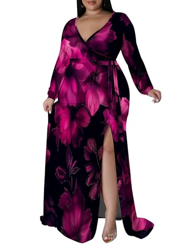 Image of PinkPatty Women's Plus Size Long Sleeve Maxi Dress Casual V Neck Slit Tie Waist Wrap Dresses for Party Cocktail