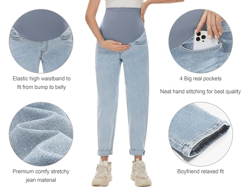 Poshglam C-MB062-LBU-M Women'S Maternity Jeans Over Belly Comfy Stretch Boyfriend Jeans Denim Pregnancy Pants thumb #1