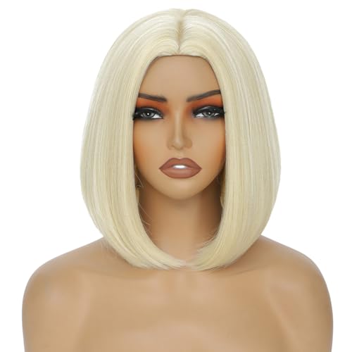 Blonde Bob Wig for Women 12 Inch Straight Blonde Wigs Middle Part Heat Resistant Synthetic Wig