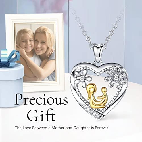 AEONSLOVE Mum Necklace Sterling Silver Mother and Daughter Heart Pendant Necklace Mother's Day Jewellery Gift for Mom Grandmother Aunt, 18in Chain