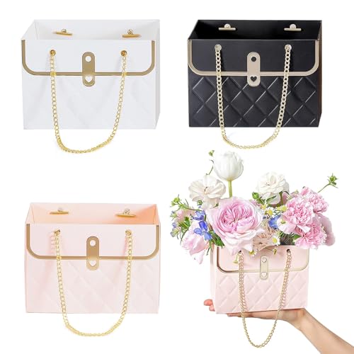 IPVSML Flower Paper Gift Box with Metal Chain,2025 New Bouquet Storage Bucket Florist Bag Handbag Case for Wedding Party Valentine's Day Birthday Mother's Day Wrap Bags (3Pcs Mix Color)