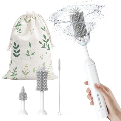 SEANCHEER S02 Electric Bottle Brush Set Portable Baby Bottle Brush Cleaner AA Battery-Powered & IPX7 Waterproof with Silicone Bottle/Nipple/Straw Brush for Home & Travel (Gray)