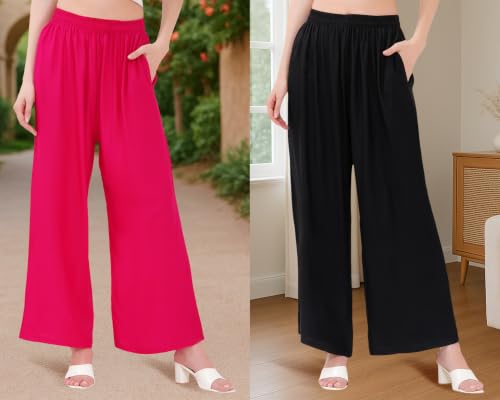 Image of Buy That Trendz Palazzo Pants for Women Rayon Elasticated Regular Fit Flared Wide Leg M to 6XL Pack of 2