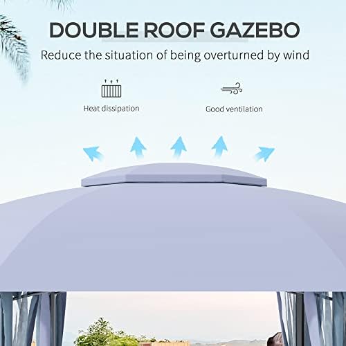 Outsunny 4 x 4.7(m) Patio Metal Gazebo Canopy, Hexagon Shape Garden Gazebo, Outdoor Sun Shade Shelter with 2 Tier Roof, Netting, Steel Frame - Grey