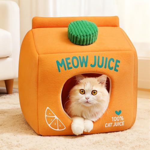 Juice Box Cat Cave Bed - Covered Cat Beds for Indoor Cats with Re...