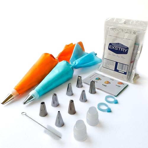 EXSTRY Reusable Piping Bags and Nozzles Set - 15 Pcs Baking Kit Including 2 Reusable Bags 8 Nozzles 2 Couplers Cleaning Brush and Silicone Rings - Ideal for Cakes Cupcakes and Cookies