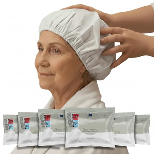 ABENA Gorro Lavacabezas Desechable con Champú y Acondicionador Incorporado | Con Extracto de Aloe Vera | Gorro de Champú en Seco, sin Enjuague | Para Viajes, Pacientes y Personas Mayores – 6 Unidades