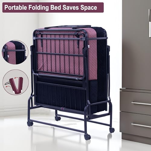 Image of Spacecrafts High-Density Recliner Folding Bed with Mattress | Portable Guest Bed, Space-Saving Lounge Cot | Compact Recliner Guest Bed | Metal Frame with Wheels (3 ft x 6.3 ft) (Pink & Black)