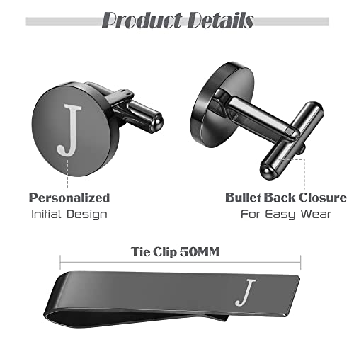 Loyallook Black Initial Cufflinks And Tie Clip Set For Men Personalized Copper Cuff Links And Tie Bar Letter Alphabet J Gift For Father Husband #TOP3