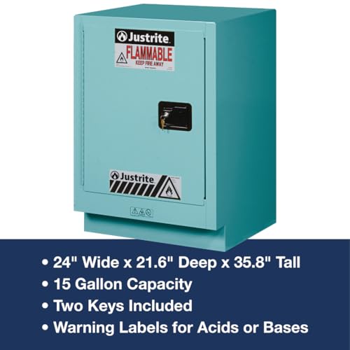 Image of Justrite Acid Corrosive Storage Cabinet - 15 Gallon 1 Door Manual Close Chemical Storage Cabinet with ChemCor Coating - 22 inch x 36 inch x 24 inch - Made in The USA - Light Blue - 8825122