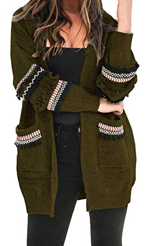BTFBM Women Boho Long Sleeve Open Front Knit Cardigan with Pockets Bohemian Knitted Sweater Outwear Coat Tops (Army Green, Small)