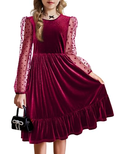 Arshiner Mädchen Samt Kleid Rot Langarm Kinderkleid A Line Swingkleid Festlicheskleid Rüschen Winterkleid Rundhal Kinder Partykleid Einfarbig Geburtstagkleid mit Tasche 140/10-11 Jahre