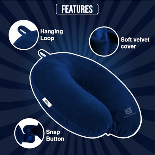 Image of CRAE Soft Fibre Filled Neck Pillow for Car, Train, Flight Travel, Neck Support Rest Pillow with Attachable Snap Strap | Pack of 1 | Blue