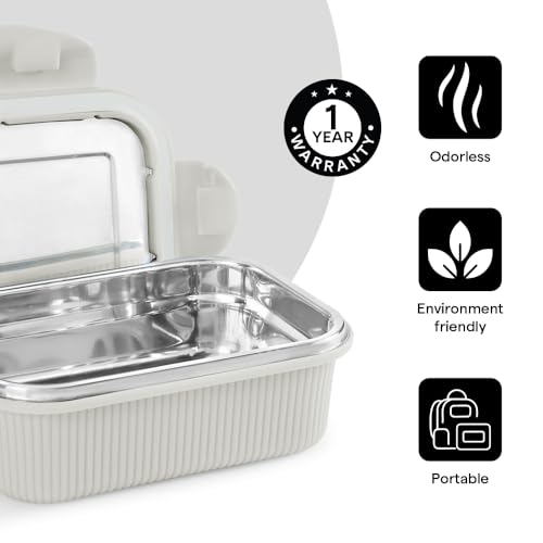 Image of Larah by BOROSIL Freshbyte Food Storage Container with Airtight Stainless Steel Lid | Fridge Container for Lunchbox | Food Grade | Microwave Safe (Grey, 400 ml, Rectangular)