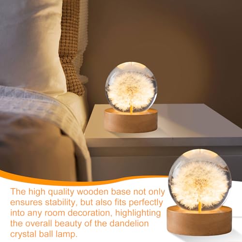 Kristallkugel Löwenzahn, 60 mm Glaskugel Lampe mit Holzsocke, Kristallkugel Dekoration, Pusteblume im Glas, Kristallkugel Nachtlicht mit LED-Beleuchtung, Geschenke für Frauen, Kinder