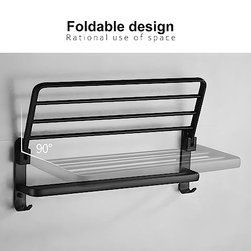 yozhch Self Adhesive Black Towel Rail with Shelf, Wall Mounted Towel Rack with Double Bars, Foldable Bathroom Towel Holder with Hooks (23-Inch) - Image 3