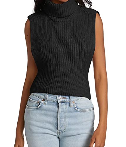 Image of Womens Sleeveless Sweater Vest Turtleneck Ribbed Knit Tank Tops Basic Slim Fit Top