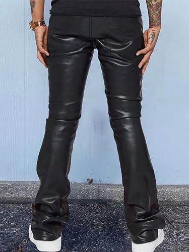 GORGLITTER Men's Casual Stacked PU Leather Flares Pants Wide Leg Skinny Motorcycle Biker Pants3