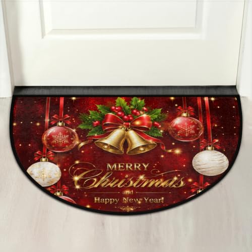 Image of Half Round Doormat Washable Kitchen Semi Circle Rug xmas Bell Holly ball