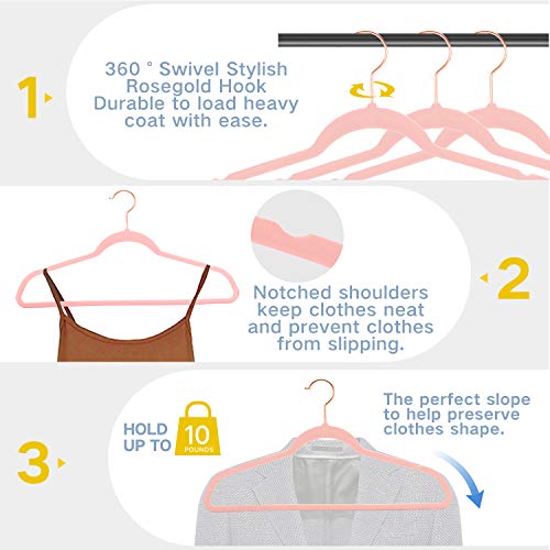 Premium Velvet Hangers HeavyDuty - Non Slip Sturdy Suit Hangers- Rose Gold Swivel Hooks - Felt Hangers-Space Saving Clothes Hangers 50 Pack for Skirts Coats (Blush Pink/Rose)