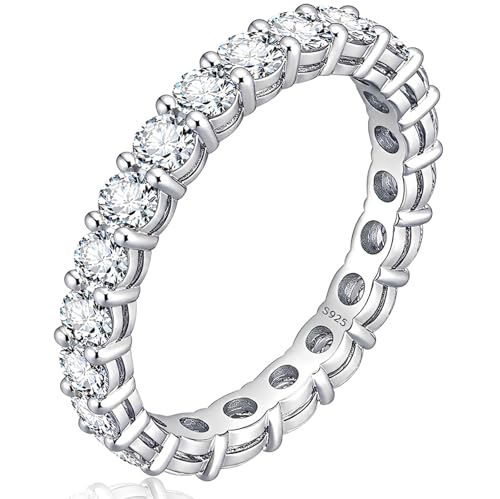 WES 3mm Moissanite Eternity Ring Wedding Band - 925 Sterling Silver D Color VVS1 Clarity Total 2.2cttw Round Moissanite Rings for Women Men Size 7