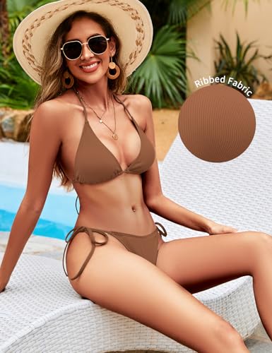 Image of Zuvebamyo Women's Two Piece Bikini Swimsuit Sexy Ribbed Triangle Top Bathing Suits String Cheeky Bikini Sets