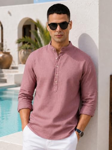 Image of Majestic Man Men's Pure Cotton Solid Mandarin Collar Slim Fit Roll-Up Sleeves Short Kurta Lightweight Summer Kurta for Daily & Occasion Use