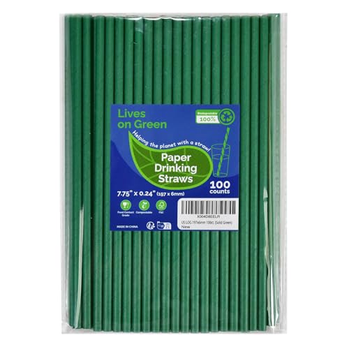 Lives on Green Lot de 100 pailles jetables en papier, vertes, solides, 19,7 x 0,6 cm, pour boissons, jus, soda, accessoires de bar