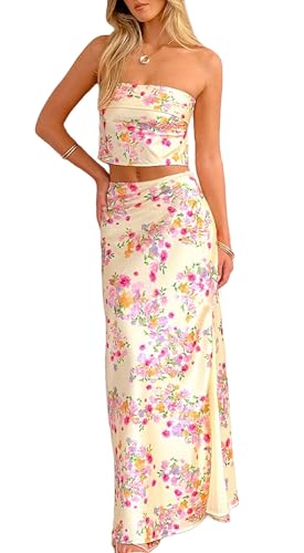 Seyumixi Women Floral Maxi Skirt Set Strapless Backless Tube Top Satin Long Skirt Y2k Two Piece Sets Going Out Outfits