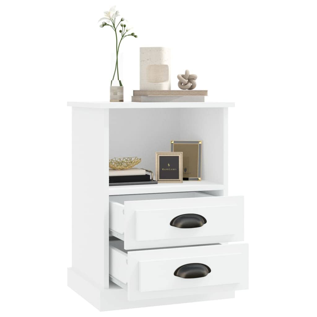 Comodino bianco in legno multistrato 43x36x60 cm con 2 cassetti e scomparto aperto, mobiletto salvaspazio per camera da letto soggiorno ufficio, design moderno e robusto