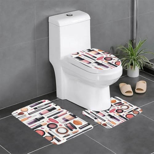 Anti-Slip Floor Mat Set of 3 MSRHIUEF Cosmetic and Makeup Theme Pattern Stamp U-Shaped Toilet Floor Mat, Tightly Attached, Absorbent & Durable, Thick & Comfortable ﻿