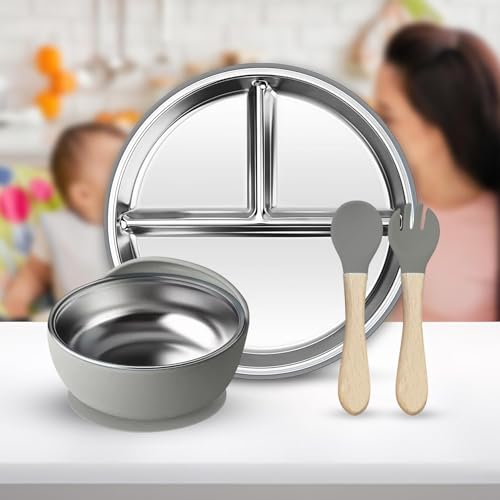 Image of NYALA Stainless Steel Toddler Plates Silicone Suction, Non-Slip Baby Plates BPA Free,Unbreakable Dishwasher Safe (Grey, Plate + Bowl)