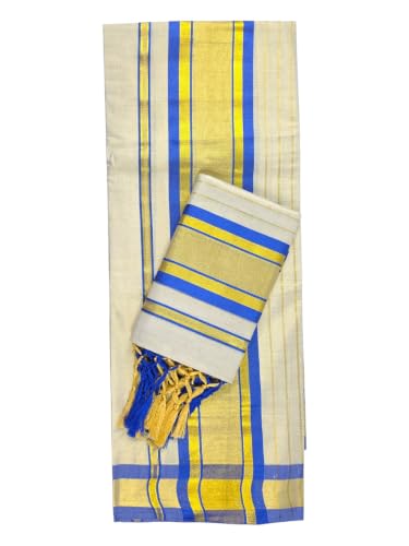 Image of Womens Kuthampully Set Mundu With Golden & Stripes Kara