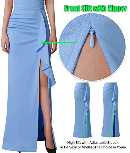 Vfshow Womens Light Blue Lace Ruched Ruffles High Split Front Zipper Formal Evening Gown Maxi Dress 9588 Blu L #TOP5