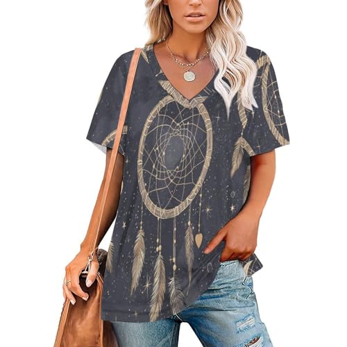 Chemisiers femme à manches courtes attrape-rêves blouse constellation gris anthracite col en V