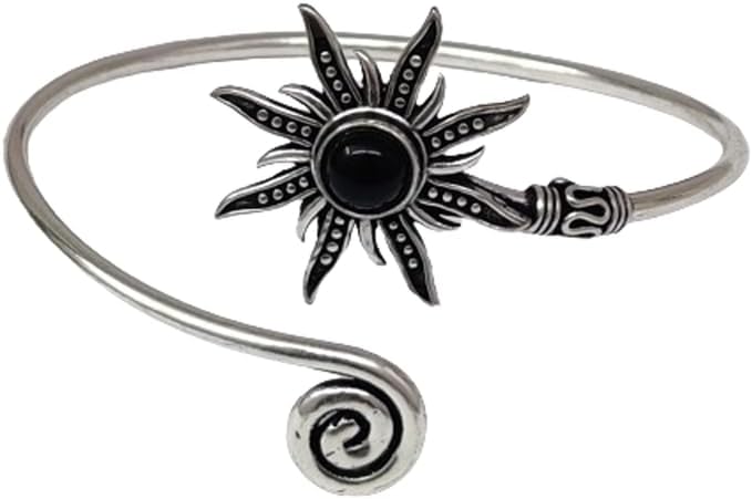 Silver Sunburst Arm Cuff, Black Onyx Stone Boho Upper Arm Bracelet, Spiral Arm Cuff, Gemstone Armlet, Sun Bohemian Jewelry Gift